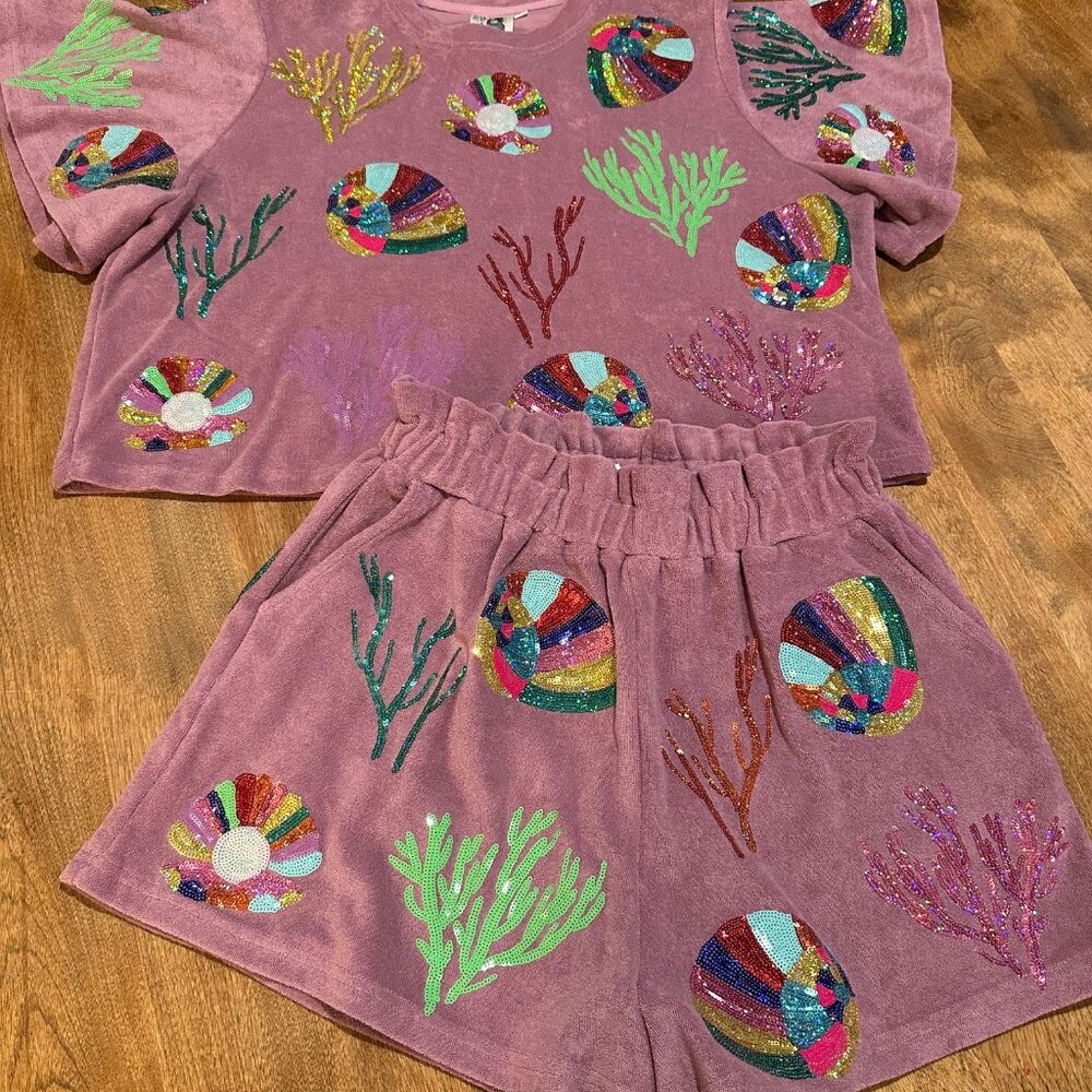 NWT QOS Lavender Terry Coral & Shell short and top set